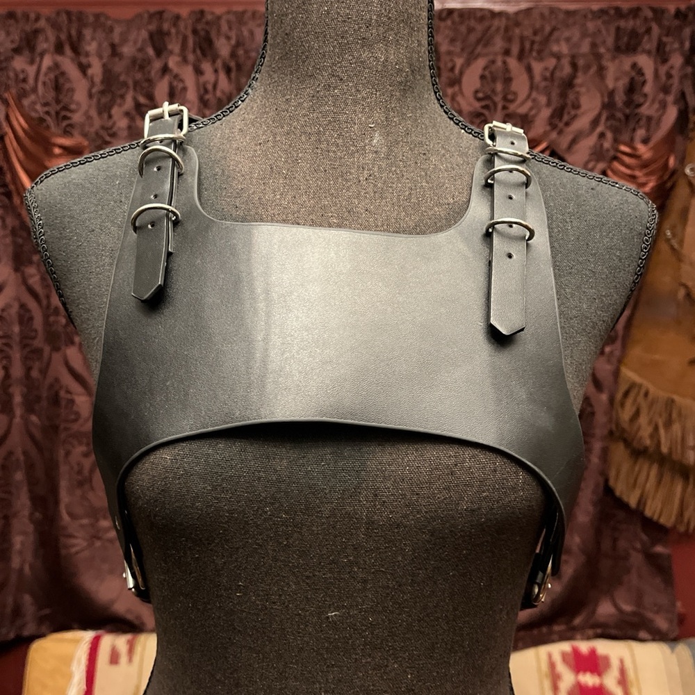 Black vegan leather fetish goth harness with silver buckles and hardware